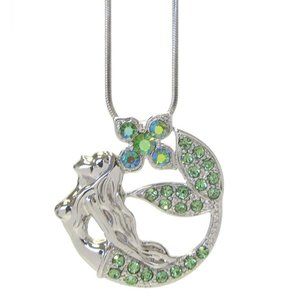 White gold plated Chartreuse Green Crystal Mermaid Necklace